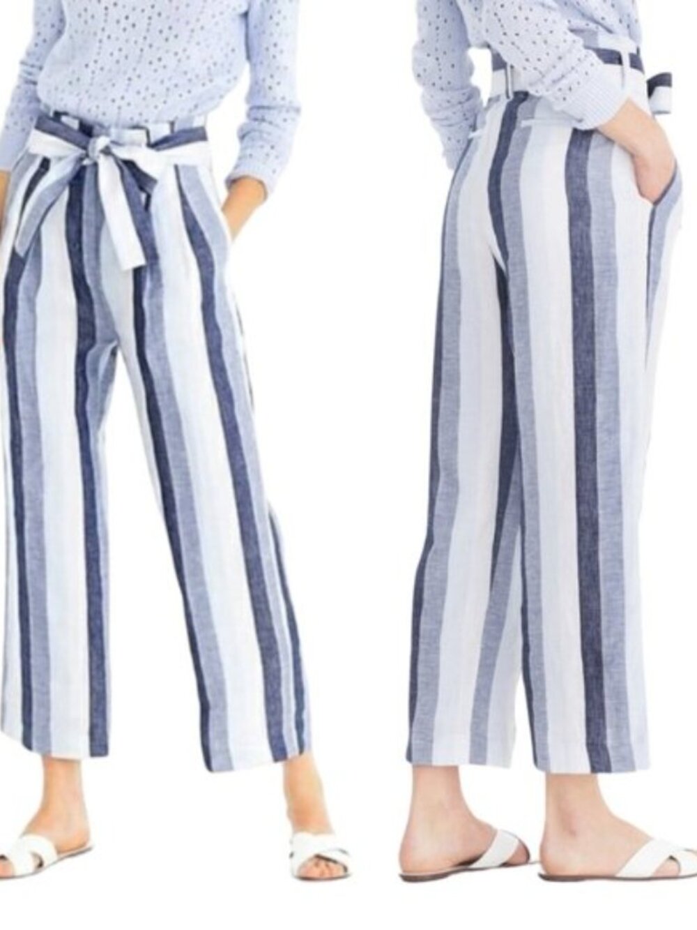 POINT SUR J Crew Linen Paperbag Blue White Stripe Wide Leg Cropped Pants